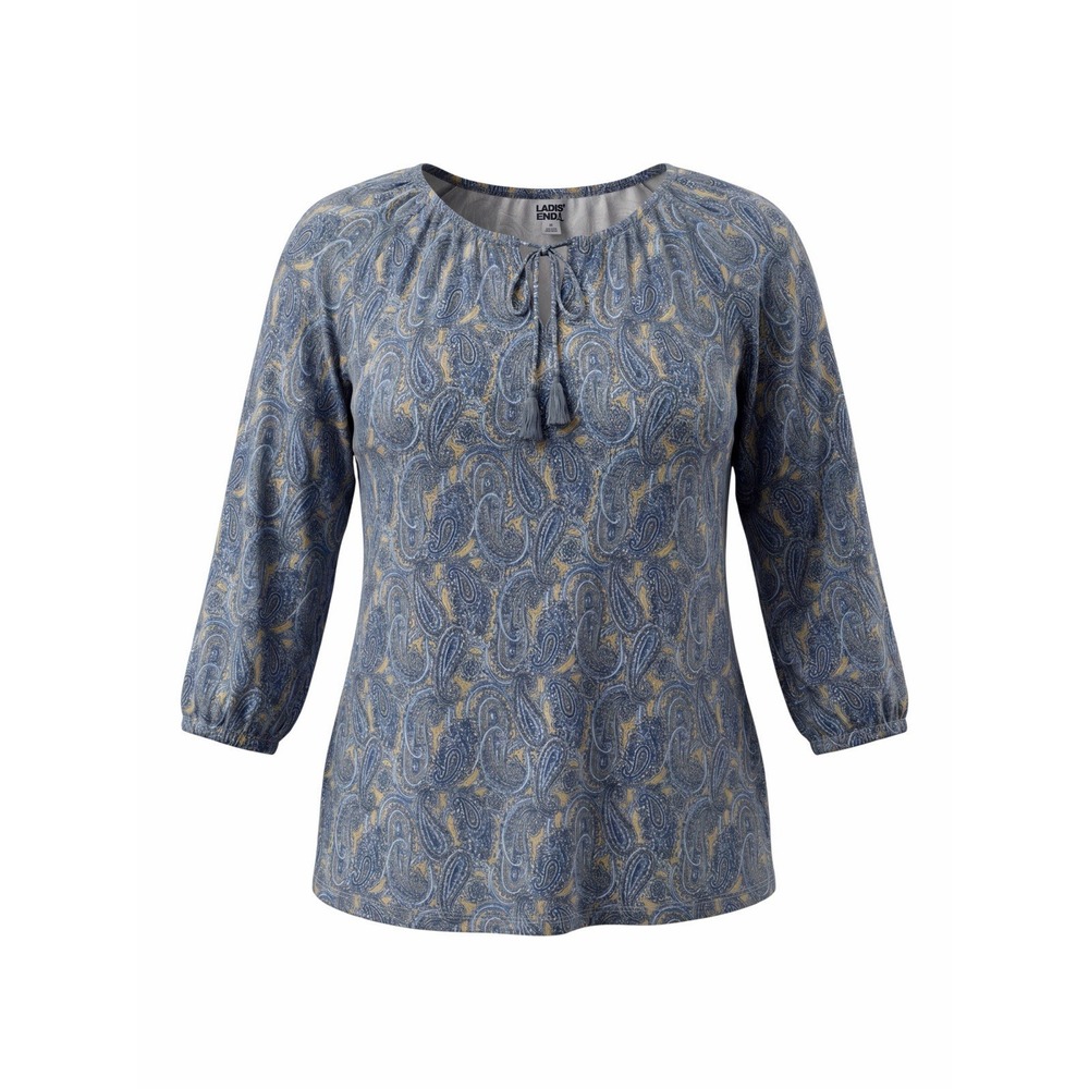 Lands End Tunic Boho Blue Paisley Tie Neck Cotton Stretch Blouse 3/4 Sleeve Xl